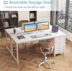 New-55 Inch Long Study Work Writing Desk for Home Office Bedroom, Reversible Simple Modern Cute PC Desks with Fabric Drawer, White