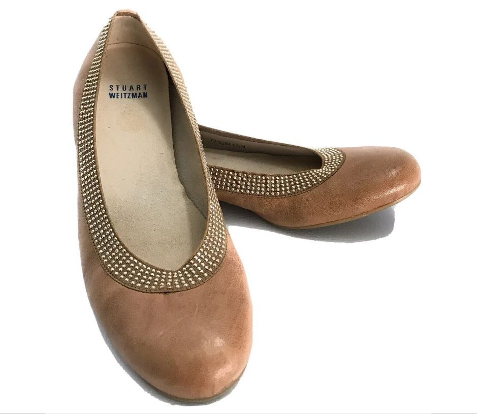 STUART WEITZMAN Lastikon Studded Flexible Ballet Flats Leather Caramel 7 ½