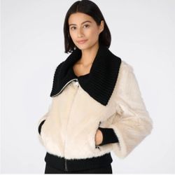 NWT Karl Lagerfeld Paris Sweater Knit Collared Faux Mink Fur Coat Jacket XS