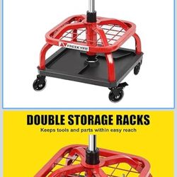 Rolling Shop Stool with Wheels, Garage Work Mechanic Stool with Backrest, Roller Mechanic Chair, Adjustable Height, 360° Swivel, Tool Tray Storage, 33