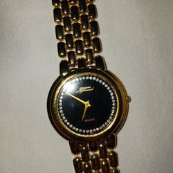 Jacques Prevard Quartz Gold Tone Diamond or Diamond like) Vintage Black Dial Womens Watch.  Excellent Condition $55