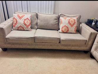 Beige Fabric Sofa with Nailhead Trim