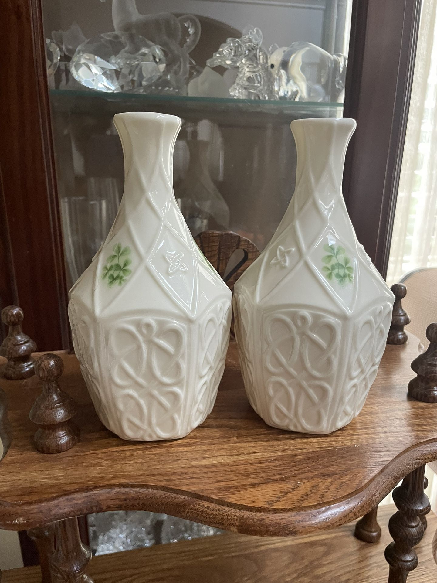 Two Donegal Parian Bud Vase with Celtick Knot Design 7”