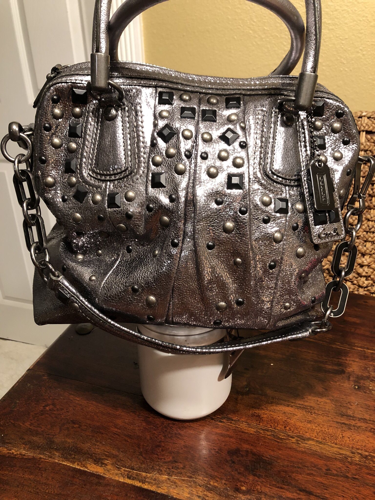 COACH Ltd Ed KRISTIN SILVER PEWTER METALLIC STUDDED PLEATED LEATHER BAG 15360