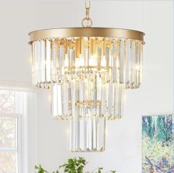 New 16"W 6-Light Pendant Luxury 3 Tiers K9 Crystal Chandelier Round Gold Adjustable Height Dimmable 