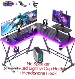 L'shaped LED corner desk + cup holder & headset holder