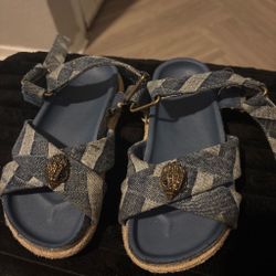 Kurt G’s Denim Crossover Strap Sandals with Gold Eagle Emblem