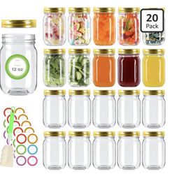 (121212-8) 20 Pack 12 oz Mason Jars with Gold Lids, Regular Mouth Glass Canning Jars with Labels and Brusher for Storage, Canning & Preserving, Dishwa