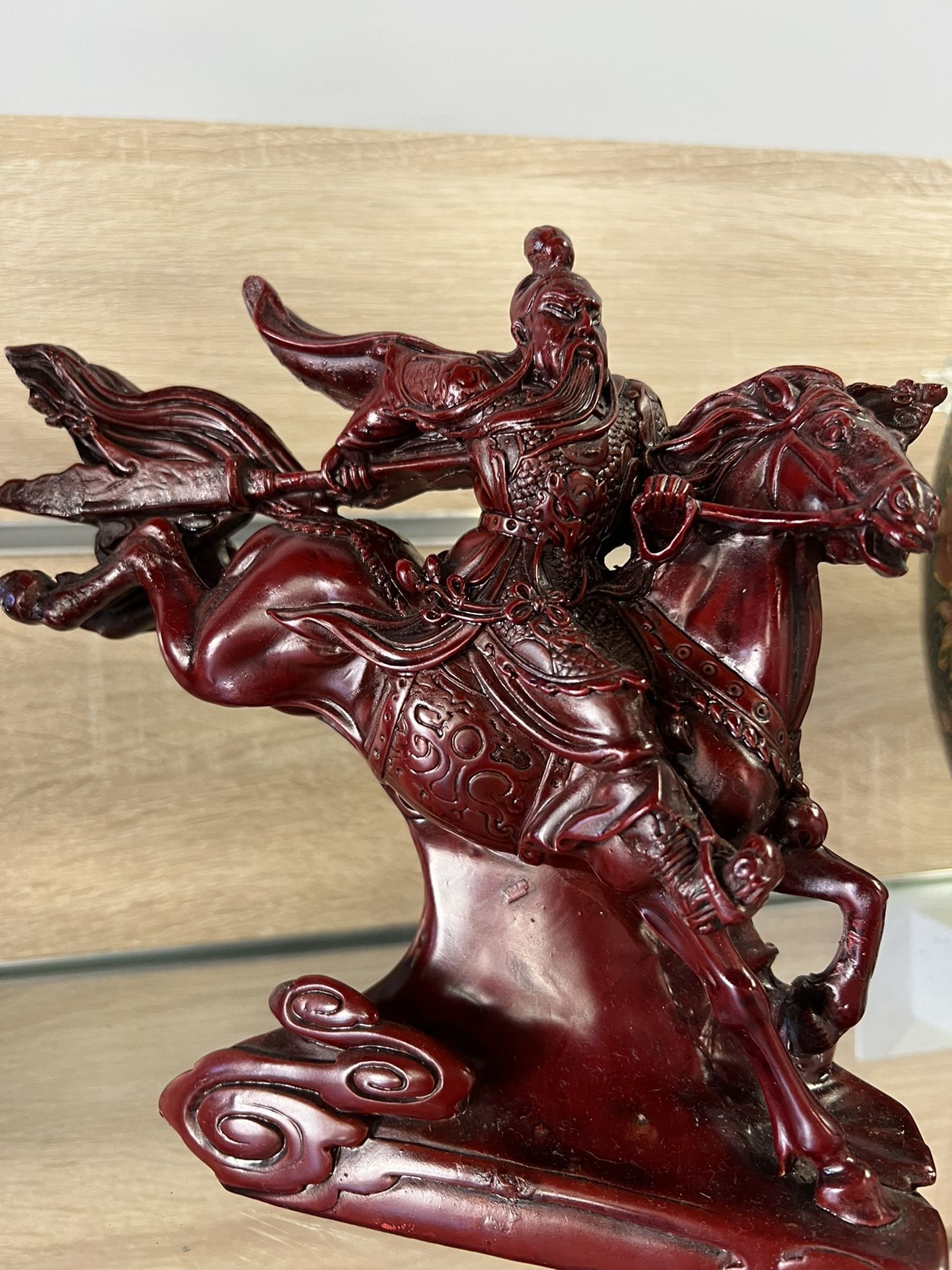 Red Resin Japanese Samurai Warrior on Horse Statue