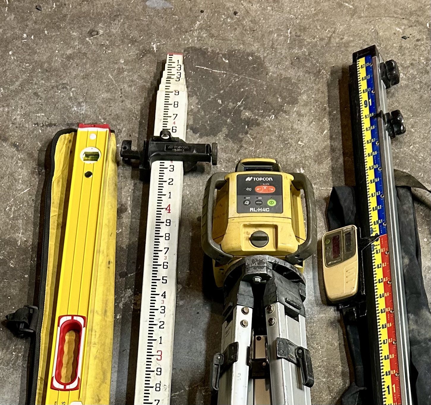 TopCon Laser, Eye, Tripod, Story Pole, 10ft Linker Rod And 4ft Smart Level