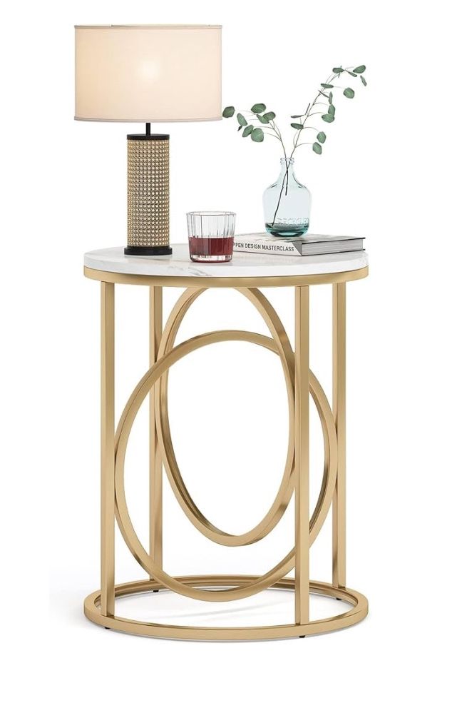 Tribesigns Round End Table for Living Room, Modern Marble Side Table with Gold Metal Frame, White and Gold Accent Table, 26-Inch Tall Narrow Nightstan