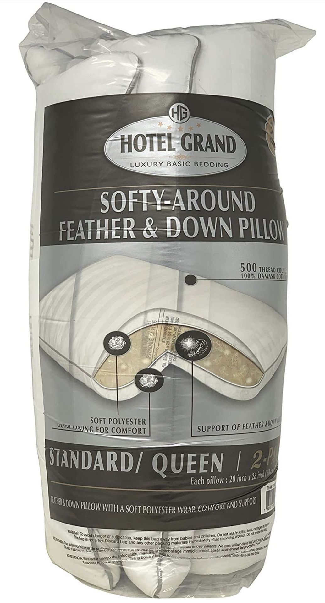 Hotel Grand Softy-Around Feather & Down Pillows 500 Thread Queen 20x28-2 Pack