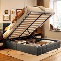 Gizoon Queen Lift Up Storage Bed with Storage, Upholstered Platform Bed Frame with Modern Wingback Headboard, Woodern Slats Support, Hydraulic Support