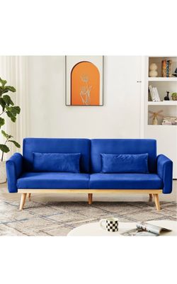 Blue Futon Sofa Bed, Velvet Convertible Sofa Couch Sleeper with Wood Legs & 2 Pillows