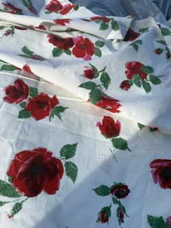 Vintage fabric cotton Red Green Floral rose print dead stock 6 yards X 3’ wide