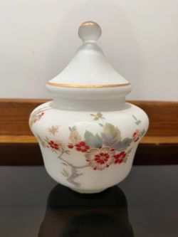Vintage Floral on White Italian Glass Lidded Urn - Jar