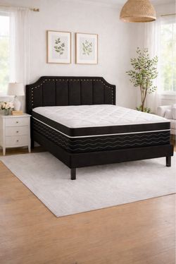 Black Upholstered Bed Frame with Mattress
