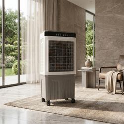 Portable Evaporative Air Cooler with Remote Control, 9.5 Gallon Water Tank, 4 Ice Packs, 3-Speed Swamp Cooler Fan - 34.2"H - White（Remote）