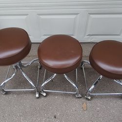 Three (3)Vintage Brown Vinyl Coronet/Abco Doctor Medical Rolling Stools