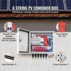 New VEVOR PV Combiner Box, 6 String, Solar Combiner Box with 10A Rated Current Fuse 63A Circuit Breaker