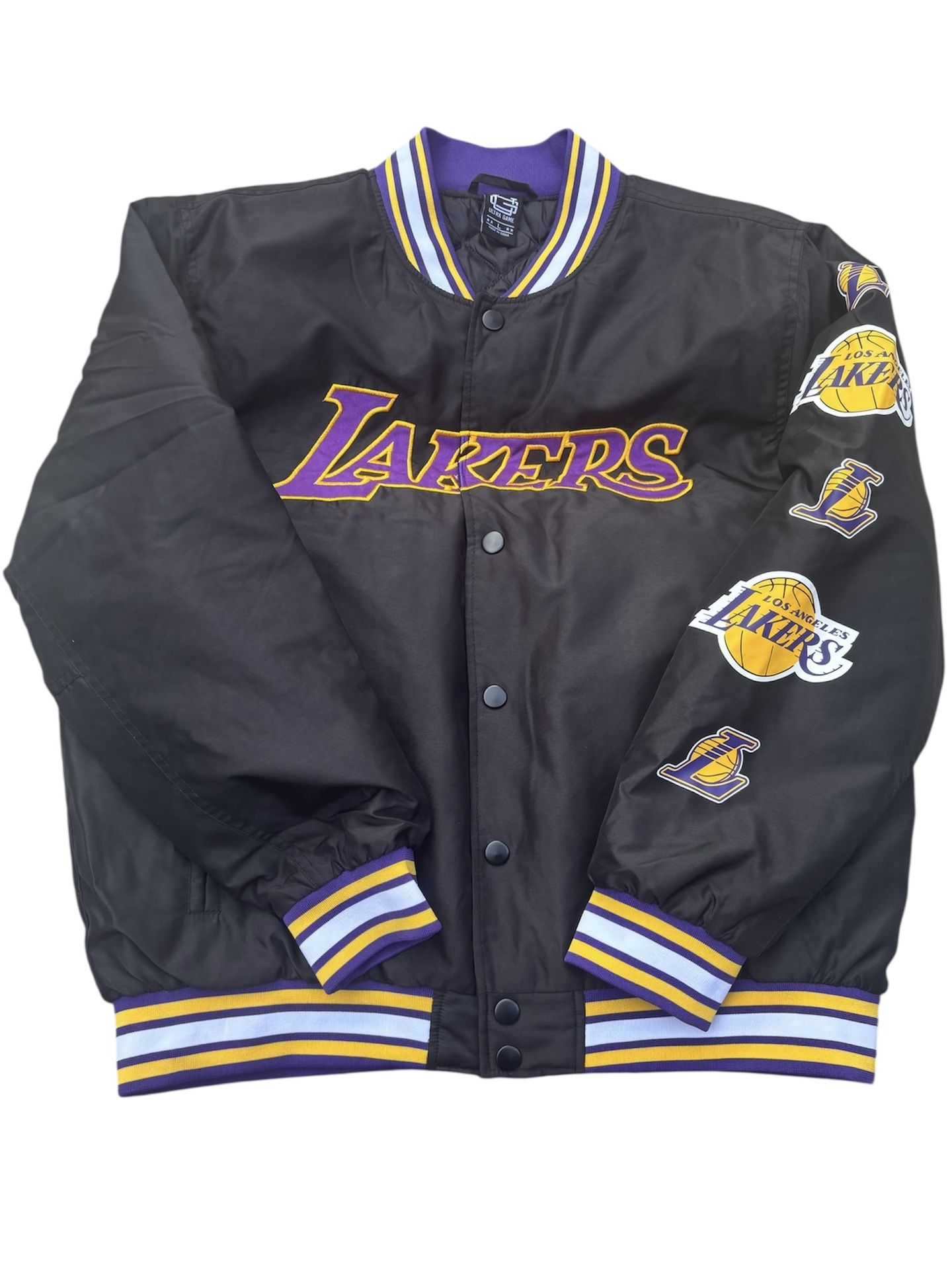 LAKERS Ultra Game NBA Satin Bomber Jacket Quilt Lined Black Los Angeles Men’s L
