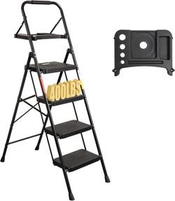 BONTEC 4-Step Ladder, 400lbs Max Load, Folding Step Stool with Tool Tray, Anti-Slip Pedals, Sturdy Steel, Lightweight Portable Ladder with Handrail fo