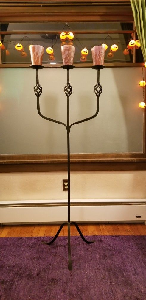 Wrought Iron Floor Pillar Candle Holder Candelabra Free Standing 55" tall X 22" Wide Halloween Christmas ALL YEAR 