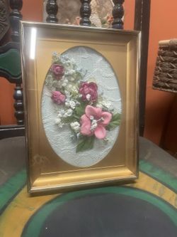 Vintage brass frame floral picture 6"