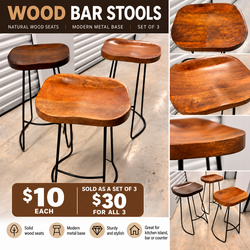 Set of 3 Wood Seat Bar Stools – 30″ Tall