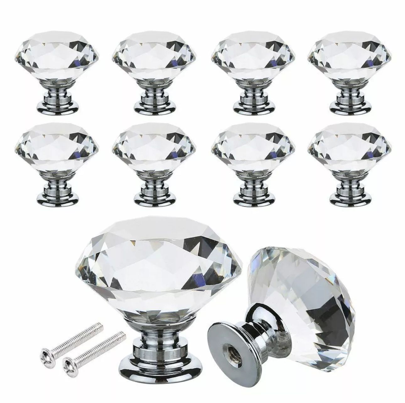 10 PCS 30mm Crystal Glass Cabinet Dresser Diamond Drawer Door Knobs Pull Handles