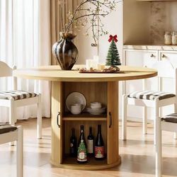 100% Brand New in Box Oak 47 Inch Round Dining Table with Storage, 2-Layer Shelves, Extendable Top