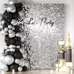 COKAOBE Silver Shimmer Wall Backdrop, 24PCS Square Sequin Shimmer Backdrop Panel, Photo Backdrops for Birthday, Anniversary, Wedding, Graduation & Bac