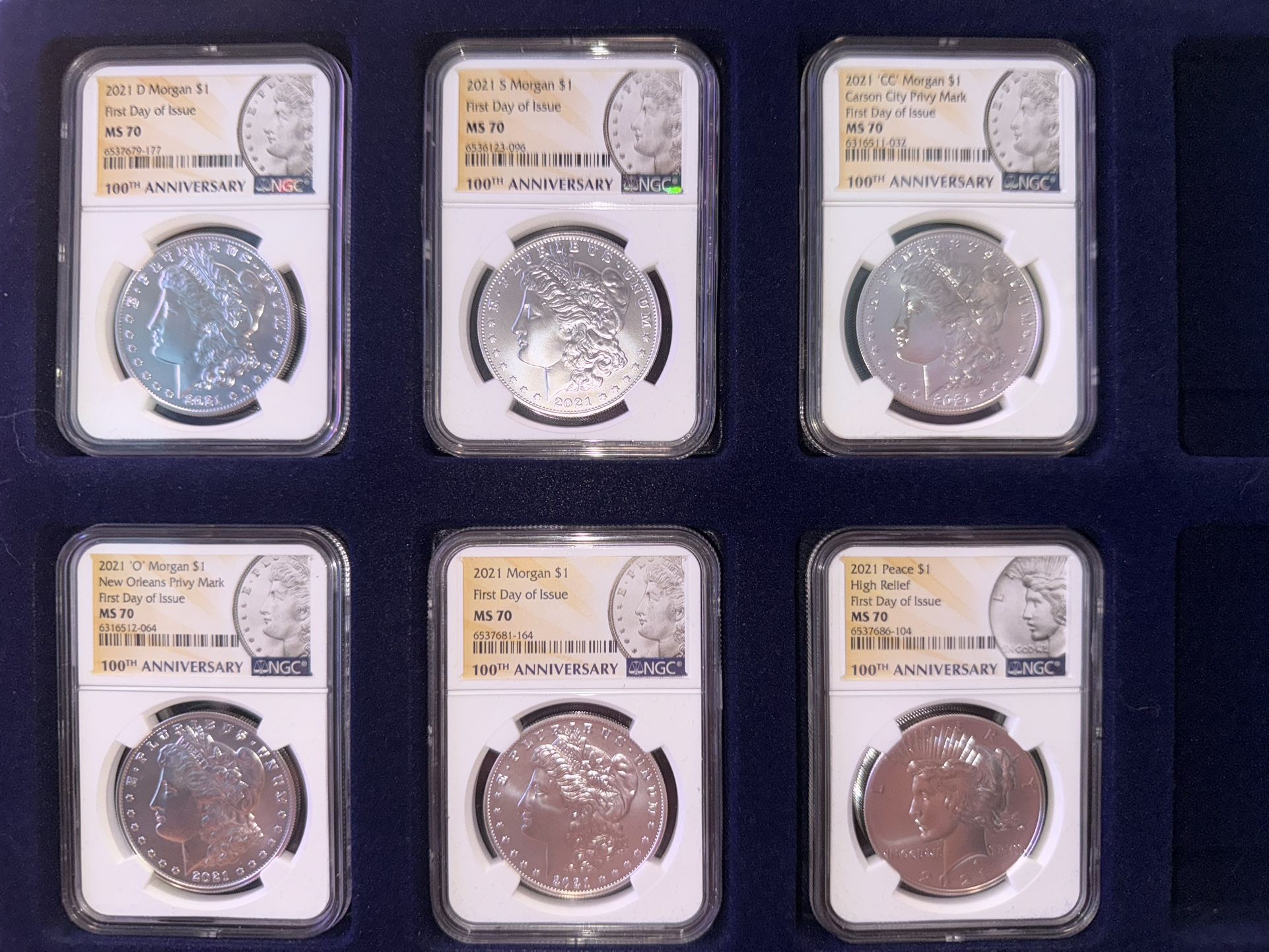 2021 SILVER MORGAN & PEACE DOLLAR 6 COIN 100th ANNIVERSARY SET NGC MS 70 FDOI