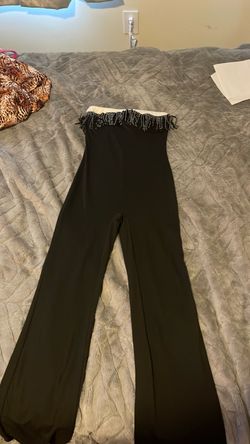Black Strapless Jumpsuit with Beaded Fringe