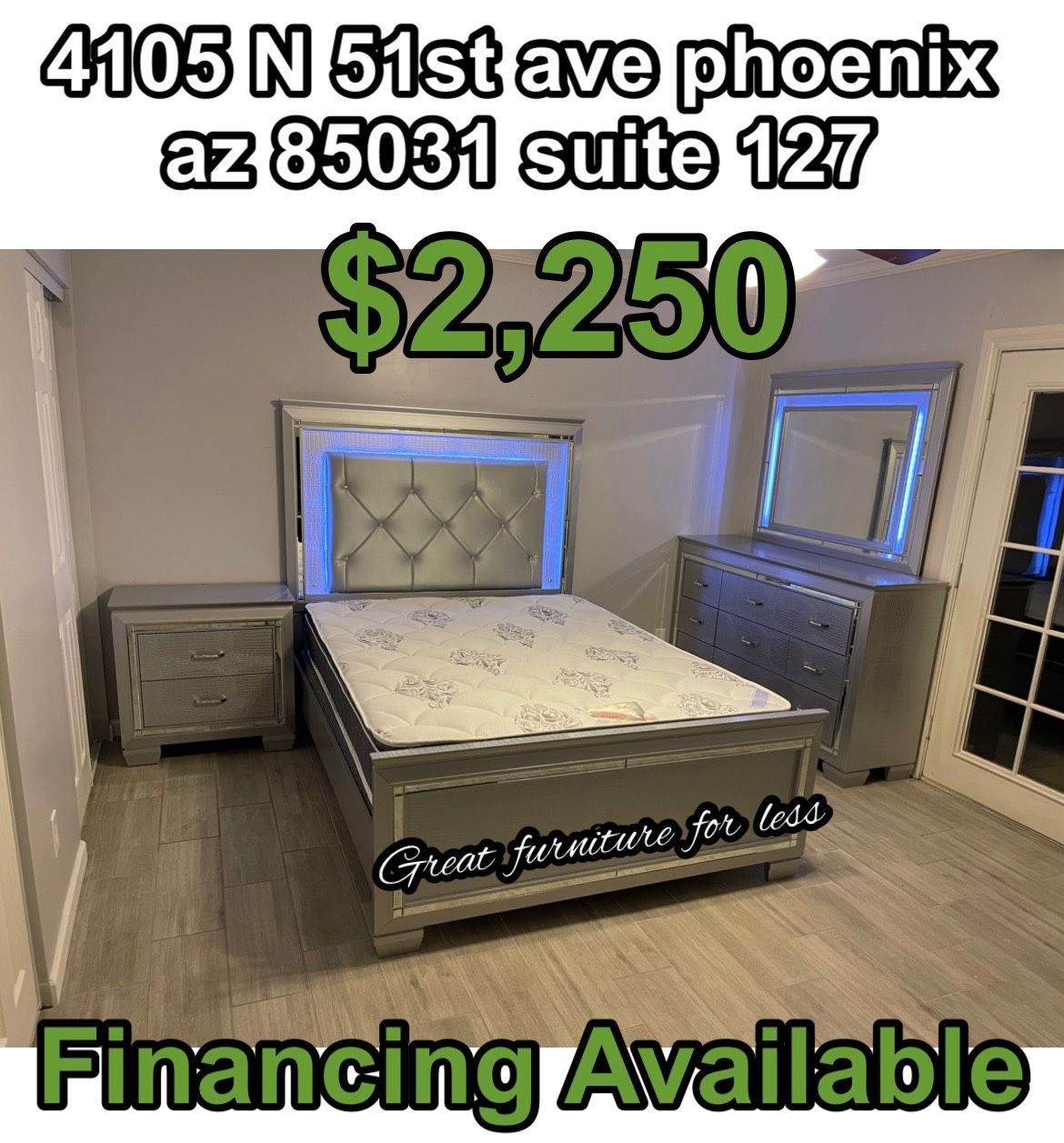 6 PCs Queen Size Led Bedroom Set Include Bed Frame Dresser Mirror 1 Nightstand Pillow Top Mattress And Boxspring Brand New