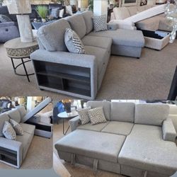 New Grey Sofa Chaise (Sleeper) with USB Charger and Storage