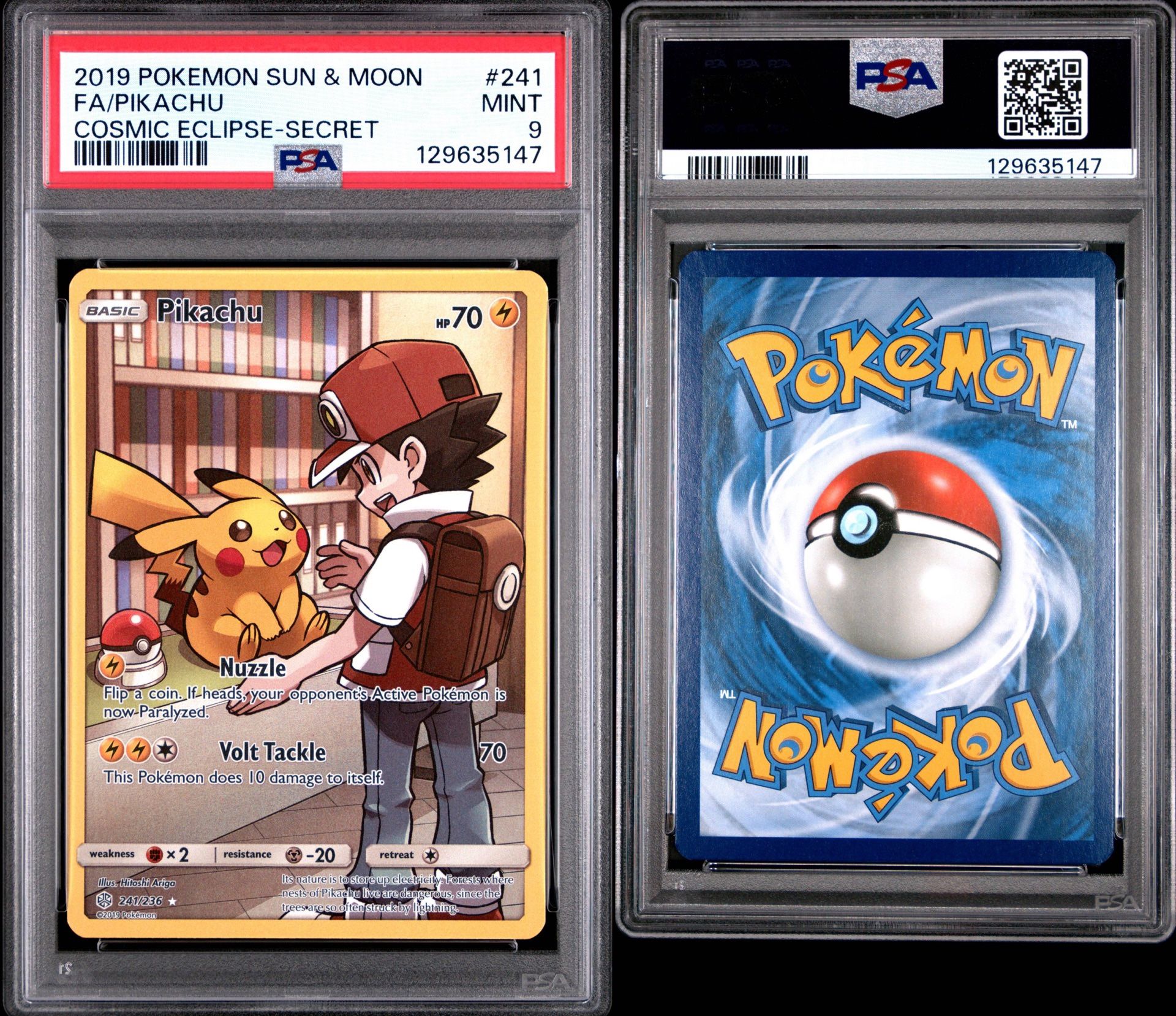 2019 POKEMON SUN & MOON COSMIC ECLIPSE SECRET #241 FULL ART/PIKACHU PSA 9
