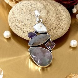 Fluorite, Amethyst And Biwa Pearl 925 Sterling Silver Overlay Handcrafted Pendant