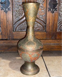 Vintage Etched Brass Vase with Red Enamel Accents Handmade Middle Eastern Indian Art 14”