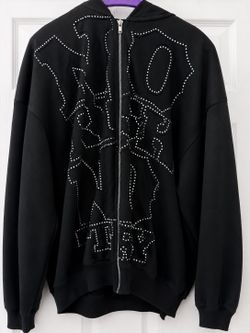 Black zip up hoodie with white studded graphic #zipup #studded