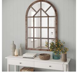 Barnyard Designs 30x47 Brown Wood Cathedral Mirror – Arched Window Farmhouse Mirror for Living Room and Entryway Wall Decor