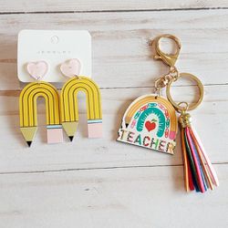 Brand New Teacher Earrings & Keychain Set