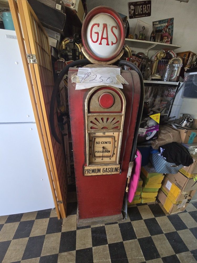 Antique Wooden Gas Pump Light, Clock Storage Inside