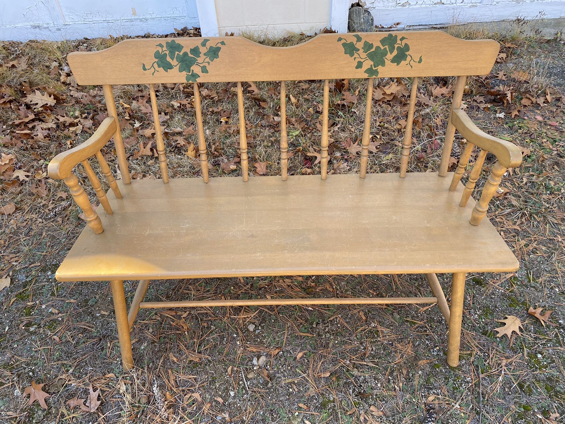 Vintage American made Cottage Style Spindle Back Solid Oak Bench