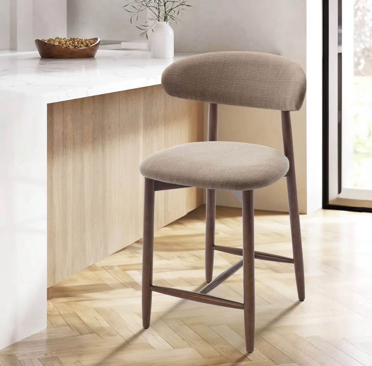 2 Brand New Bar Stools – Camel Upholstery, Sturdy Wood Legs