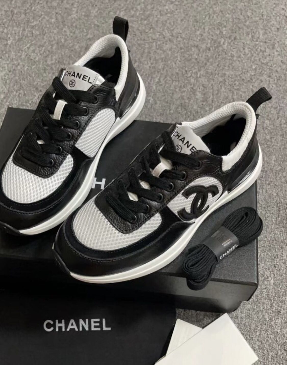 Chanel Sneakers CC Luxury Black And White Shoes Womens 7.5