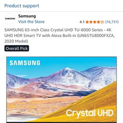 SAMSUNG 65-inch Class Crystal UHD TU-8000 Series - 4K UHD HDR Smart TV with Alexa Built-in (UN65TU8000FXZA,