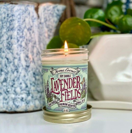 Home Corner Candles - Lavender Fields - Scented Soy Jar Candle - Great Gifts and Home Décor - Relaxing Stress Relief Aromatherapy - Hand Poured in the