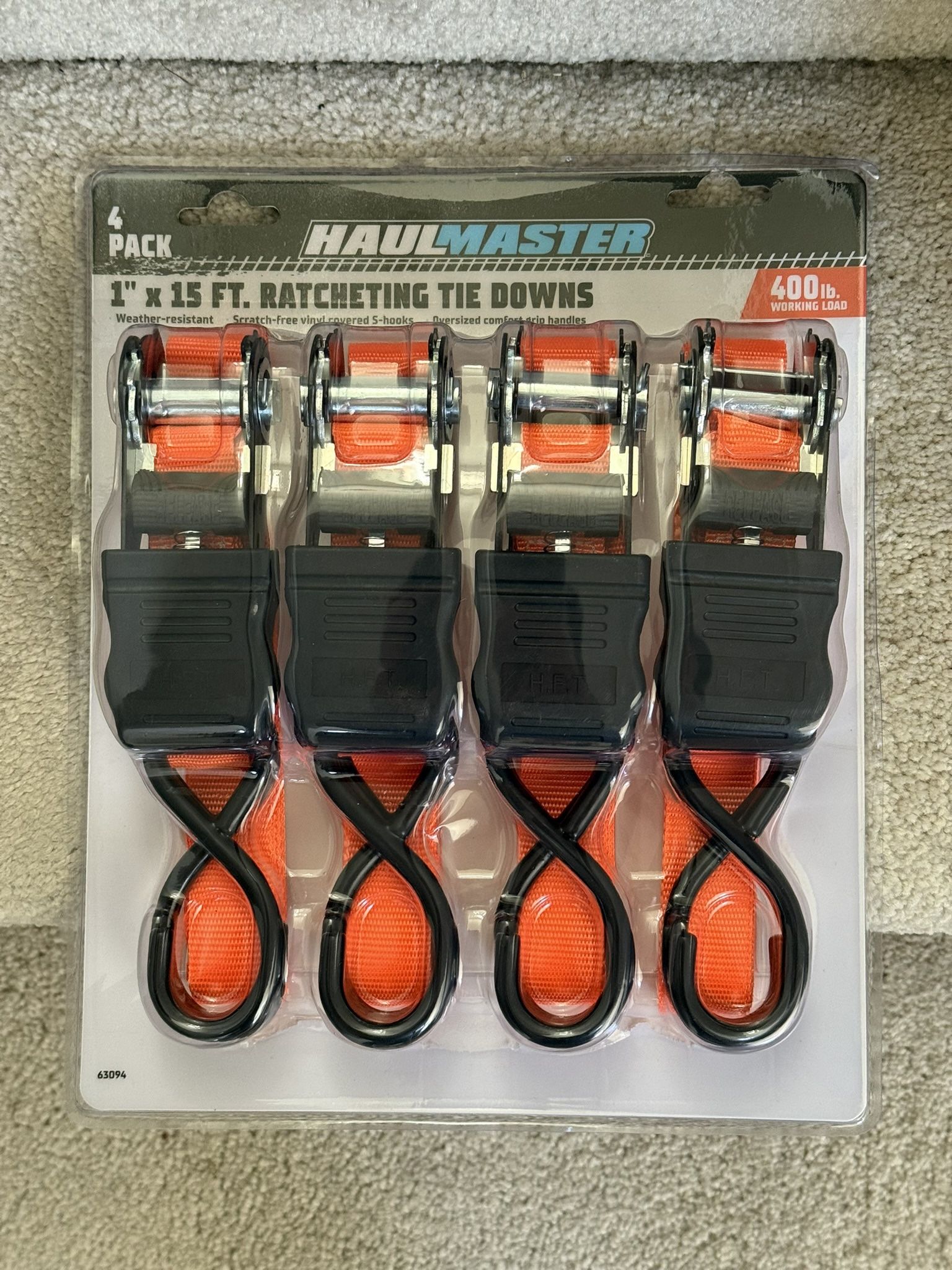 NEW Ratcheting Tie Down Straps Haul-Master 1 in x 15 ft, 400 lb Capacity