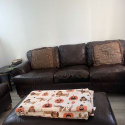 Brown Leather Sofa, Loveseat & Ottoman Set – Rolled Arm